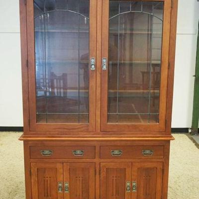 1025	CANAL DOVER MISSION STYLE CHERRY BREAKFRONT W/LEADED GLASS DOORS, APPROXIMATELY 18 IN X 52 IN X 81 IN
