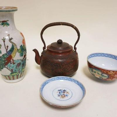 1255	LOT OF ASSORTED ASIAN CHINA, POTTERY VASE & TEAPOT
