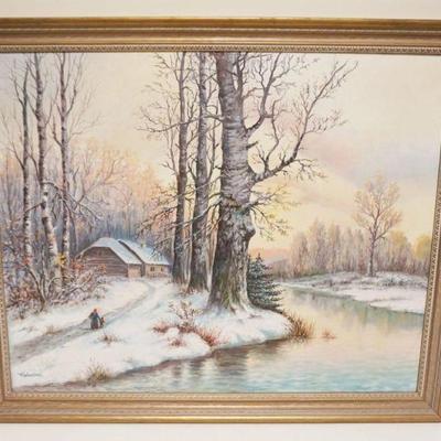 1176	ARTIST SIGNED OIL PAINTING ON CANVAS WINTER SCENE OF CABIN ALONG RIVER W/WOMAN & CHILD WALKING DOWN PATH, APPROXIMATELY 28 IN X 34...