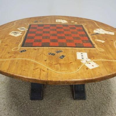 1116	PINE GAMING TABLE W/PAINTING OF CHESS BOARD, PLAYING CARDS, ETC, APPROXIMATELY 72 IN X 30 IN  HIGH
