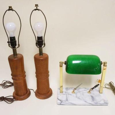 1218	PAIR OF MODERN DANISH TABLE LAMPS & MARBLE & BRASS DESK LAMP W/GREEN CASED GLASS SHADE
