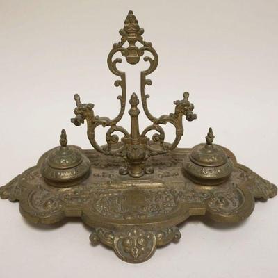 1065	ORNATE VICTORIAN BRASS DOUBLE INKWELL & PEN HOLDER, APPROXIMATELY 13 IN X 10 IN X 9 IN HIGH

