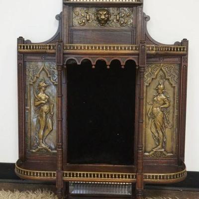 1099	VICTORIAN HANGING CABINET W/EMBOSSED BRASS PANELS & GALLERY, LOSS TO TRIM & FINIALS, APPROXIMATELY 28 IN X 35 IN HIGH
