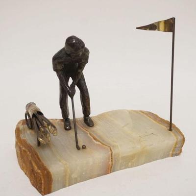 1240	MIDCENTURY MODERN METAL SCULPTURE OF MAN PLAYING GOLF ON ONYX BASE, ARTIST SIGNED, APPROXIMATELY 8 IN HIGH
