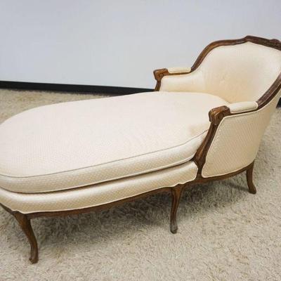 1110	FENCH PROVINCIAL UPHOLSTERED CHAISE LOUNGE, UPHOLSTERY WORN, APPROXIMATELY 29 IN X 65 IN X 39 IN HIGH
