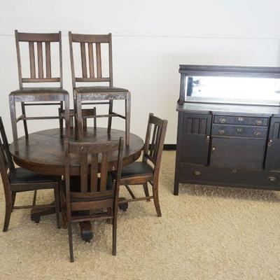 1135	MISSION OAK DINING ROOM SET INCLUDING 6 CHAIRS, 45 IN ROUND TABLE & SIDEBOARD W/MIRROR TOP, APPROXIMATELY 50 IN X 21 IN X 55 IN HIGH
