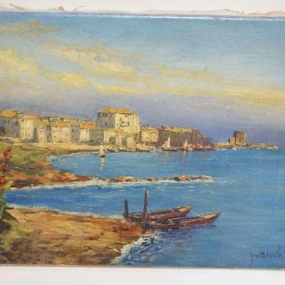 1222	FRENCH OIL PAINTING ON CANVAS OF A FISHING VILLAGE, ERBALUNGA CORSICA, ARTIST SIGNED, APPROXIMATELY 16 IN X 12 IN
