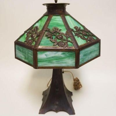 1081	ART NOUVEAU BRASS TABLE LAMP W/GREEN SLAG GLASS SHADE, APPROXIMATELY 23 IN HIGH
