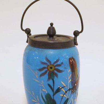 1075	VICTORIAN ENAMELED BLUE GLASS COVERED JAR, HALL & MILLER QUAD PLATE, APPROXIMATELY 8 IN HIGH

