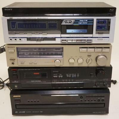 1253	LOT OF ASSORTED AUDIO EQUIPMENT INCLUDING ONKYO DX-C390 DISC PLAYER, LUXMAN K-105 TAPE DECK, SONY STR-252 RECEIVER AND JVC TAPE...
