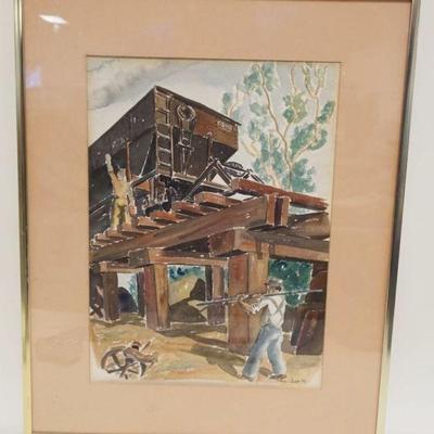 1223	WATERCOLOR OF RAILROAD WORKERS ON TRACK W/COAL HOPPER CAR, ARTIST SIGNED & DATED 1935, APPROXIMATELY 17 IN X 21 IN OVERALL
