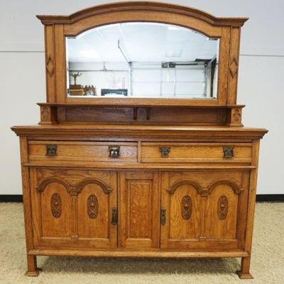 1100	VICTORIAN OAK MIRROR BACK SERVER W/CARVED PANELED DOORS, MISSING PULLS, APPROXIMATELY 60 IN X 23 IN X 73 IN HIGH
