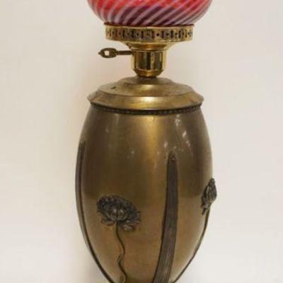 1083	ART NOUVEAU LAMP BASE W/CRANBERRY OPALESCENCE SWIRL SHADE, LAMP TOP NOT ORIGINAL, APPROXIMATELY 24 IN HIGH
