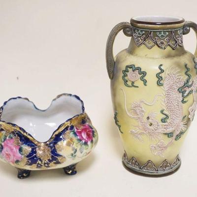 1076	HAND PAINTED NIPPON MORIAGE BOWL APPROXIMATELY 6 IN X 5 IN HIGH, & DOUBLE HANDLED VASE, SOME LOSS TO LOWER DECORATION, APPROXIMATELY...