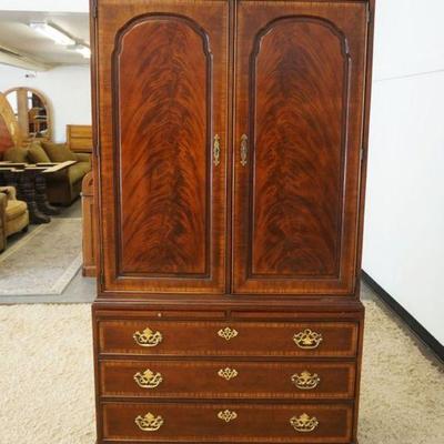 1127	18TH CENTURY DREXEL LINE MAHOGANY WARDROBE W/3 BANDED DRAWERS UNDER 2 FLAMED MAHOGANY DOORS & 2 PULL OUT SURFACES, APPROXIMATELY 44...