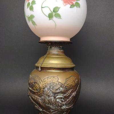Antique Lion Banquet Oil Lamp & Globe (converted)