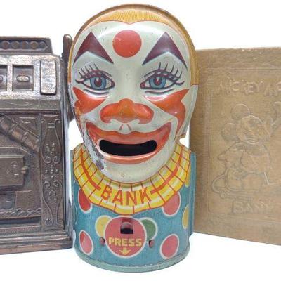 3 Vintage Tin & Metal Coin Banks J Chein & Disney