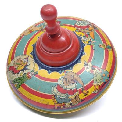 1940s 10" Tin Litho Spinning Circus Top Toy