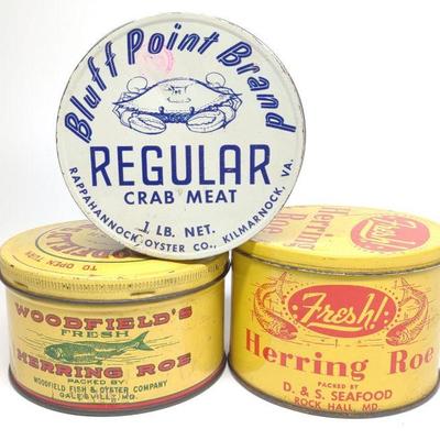 3 Crab & Herring Roe Tin Advertising Cans