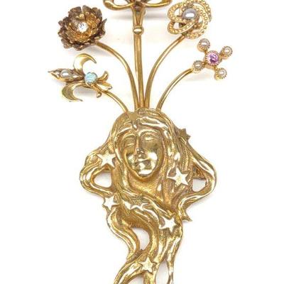 14k Gold Art Nouveau Goddess Brooch (10.61g)