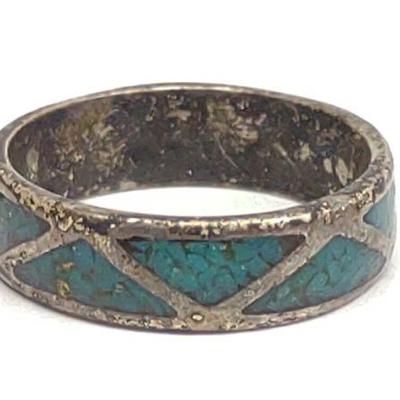 Inlaid Turquoise Sterling Band Ring sz 6.75
