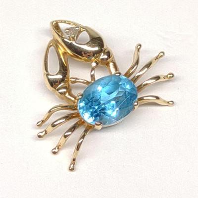 14k Gold & Blue Topaz Crab Pendant (1.52g)