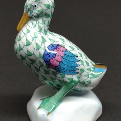 Herend Green Fishnet Porcelain Duck Figure