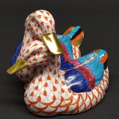 Herend Porcelain Pair Of Ducks Fishnet Figure