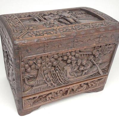 Antique Carved Asian Jewelry Box w/ Drawer
