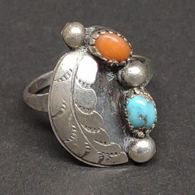 Native American Turquoise & Coral Sterling Ring