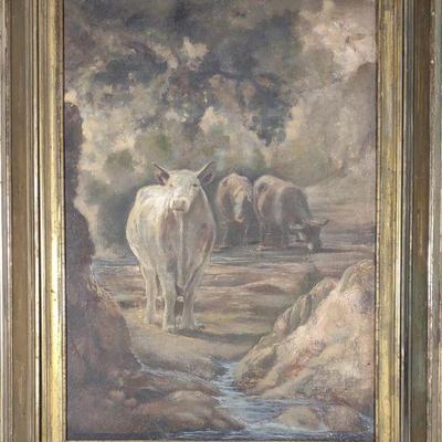 Antique Oil Painting on Canvas of Bulls in Valley