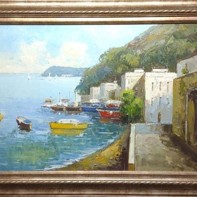 Italian Painting on Canvas of Boat Landscape