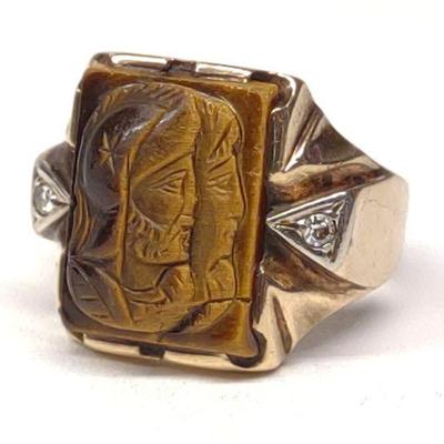 Antique 10k Tiger Eye Intaglio Ring (7.24g)