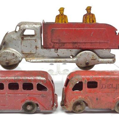 3 Marx Pressed Steel Stake & Delivery Trucks