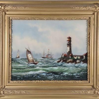 Antique Reverse Glass Painting of Lighthouse
