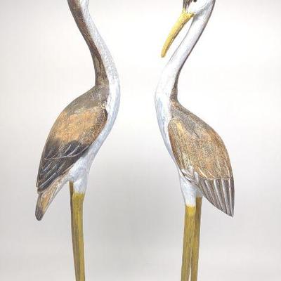 Pair of Pine Carved Crane Birds 32