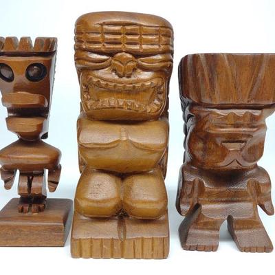 3 Monkey Pod Wood Tiki Statues