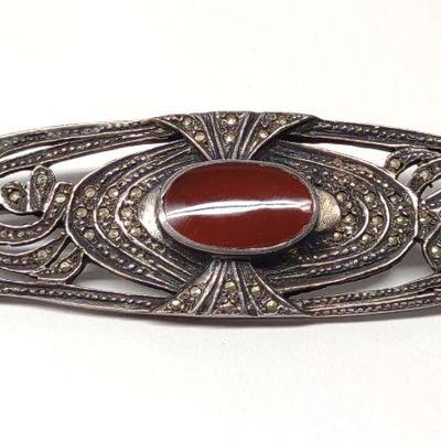 Sterling Carnelian & Marcasite Brooch