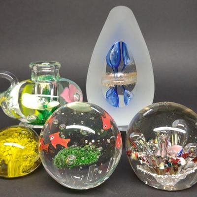 5 Glass Art Paperweights (1 Joe Rice)