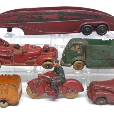 6 Auburn Rubber Toy Trucks & Motorcycle (1930-50s)