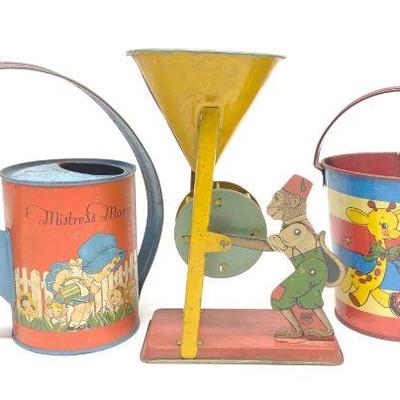 3 Tin Litho Sand Toys (J Chein, Ohio Art, T Cohn)