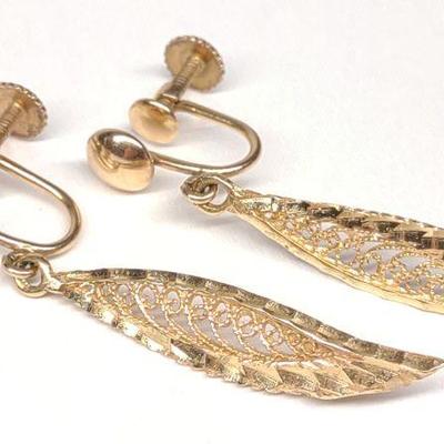 14K Gold Clip-on Screw Feather Earrings (4.0g)