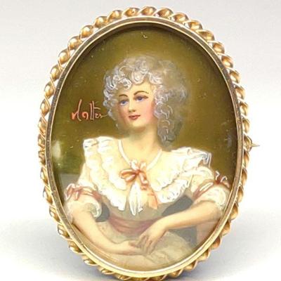 14k Hand Painted Portrait Brooch (Signed Walter)
