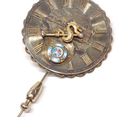 Antique Sterling & 14k Oriental Clock Brooch