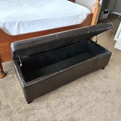 End of bed leather covered seat/blanket storage
