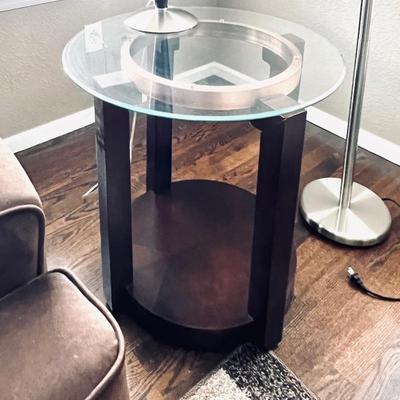Contemporary End table (two available) w/ Wood Frame and Copper Tone Ring that holds Glass Top.