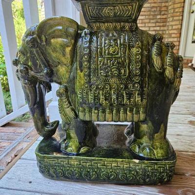LARGE STANDING POTTERY GREEN ELEPHANT GARDEN SEAT