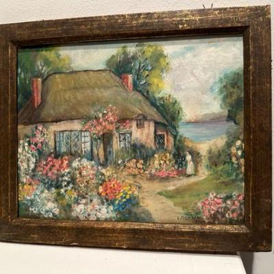 FOLK ART THATCHED ROOF FLOWER ENGLISH GARDEN PRINT PAINTING