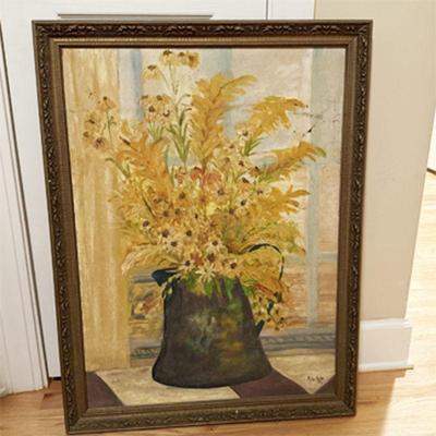 ORIGINAL SIGNED PAINTING OF FORSYTHIA IN CROCK