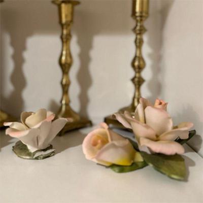 CAPODIMONTE ROSES SCULPTURES AND BRASS CANDLEHOLDERS